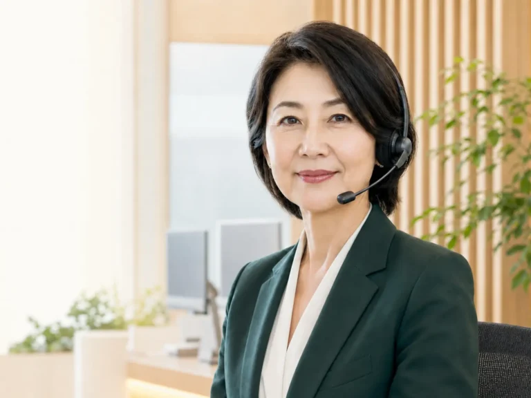 インカムを着け、落ち着いてお客様対応を行う相談員のイメージ