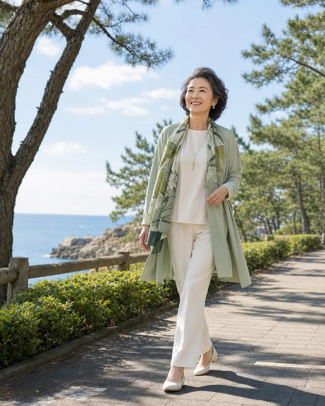 明るい海辺の松林を、自分らしく軽やかに歩く女性