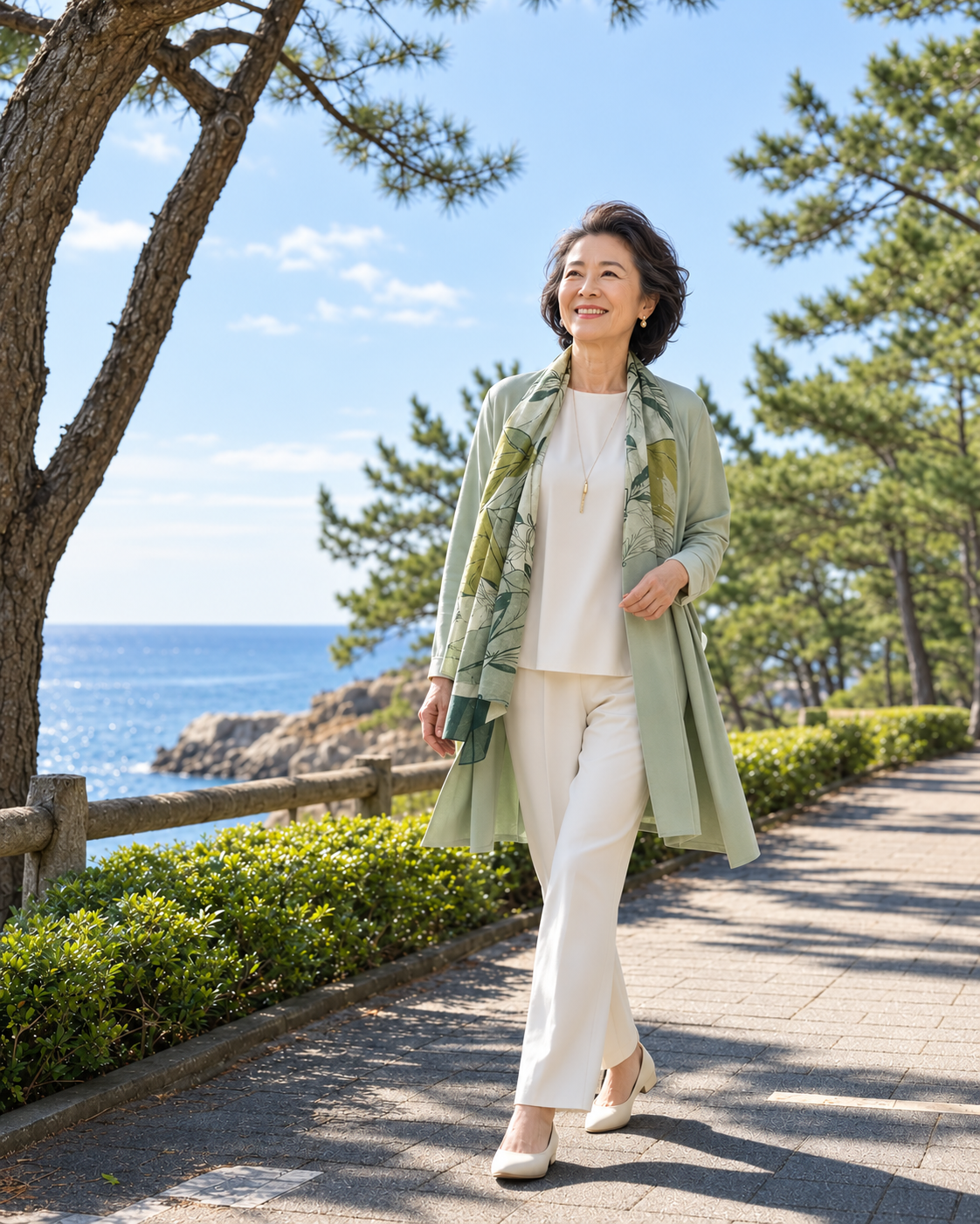 明るい海辺の松林を、自分らしく軽やかに歩く女性